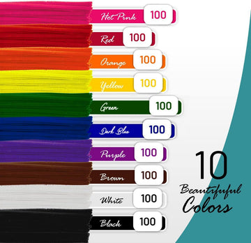 Pipe Cleaners Craft - 1000 Pcs Multi-Colored Chenille Stems, 6mm x 12 Inch Fuzzy Sticks, 10 Assorted Colors for DIY Arts and Craft Projects