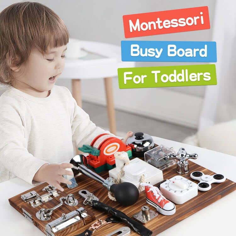 Canuan 20-in-1 Busy Board for Toddlers - Travel Toy Activity Board for Fine Motor Skills - Toys for 3 Years Old Kids With Switch, Locks, Shoe Laces