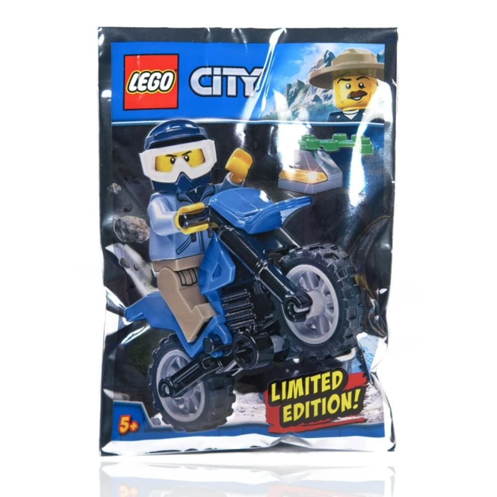 LEGO Town City Police Minifigure - Dirt Biker with Blue Dirt Bike and Plant (16 Pieces)