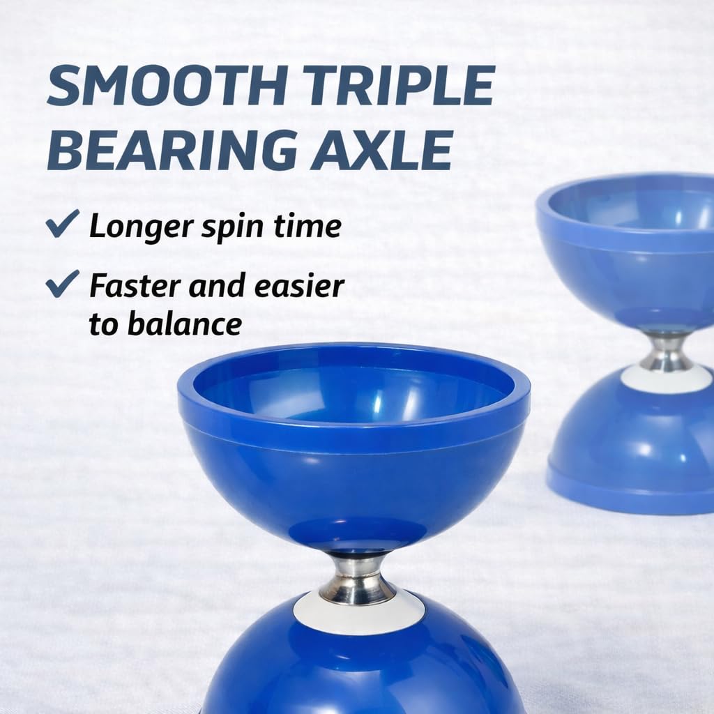 Flight Pro Diabolo Chinese Yoyo Skill Toy Triple Bearing Toy, with Carbon Fiber Sticks, Extra String & Net Bag - Medium Size 5” Blue