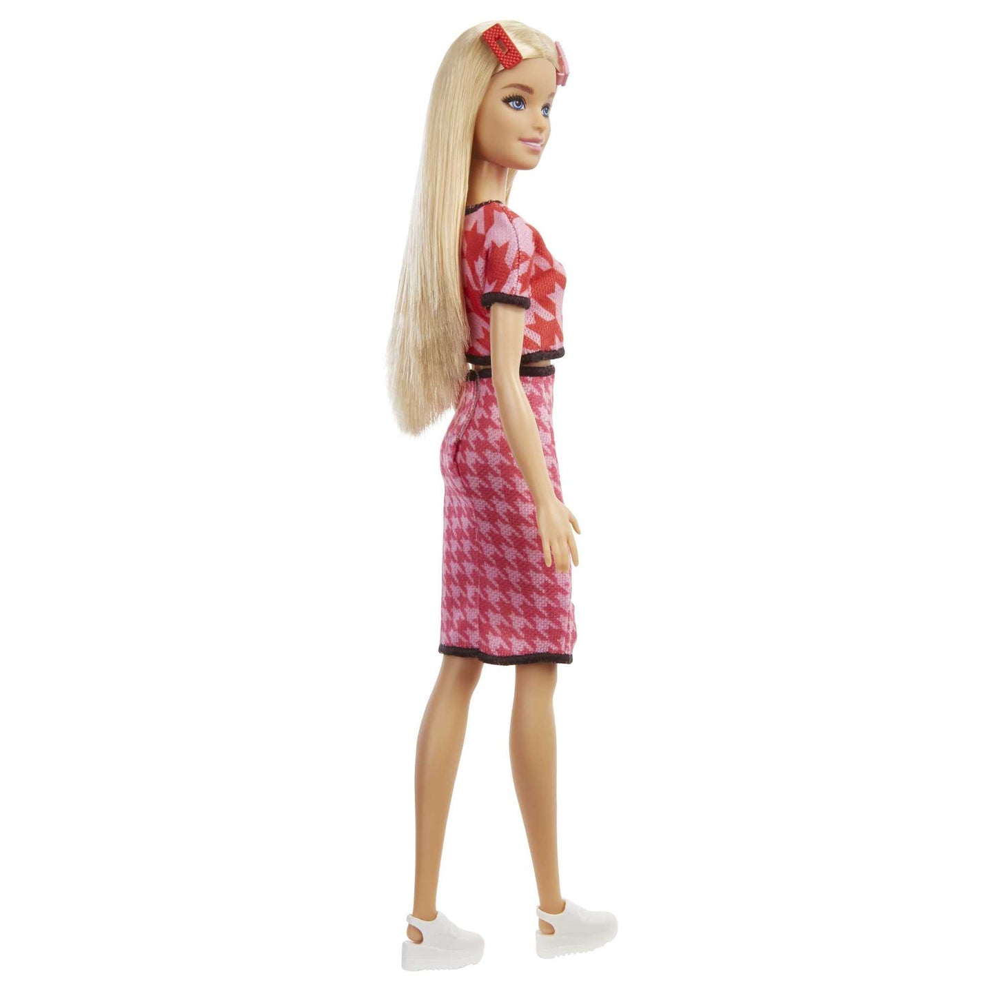 Barbie Fashionistas Doll #169 with Long Blonde Hair, Houndstooth Crop Top & Skirt & Accessories Including Platform Shoes & 2 Barrettes