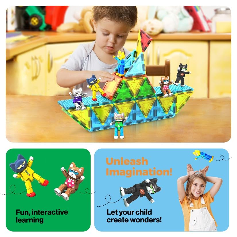 PicassoTiles 6pcs Pete the Cat Magnetic Figures Family Animal Action Character Toddler Toys Magnet Expansion Pack Building Blocks Add-on Educational