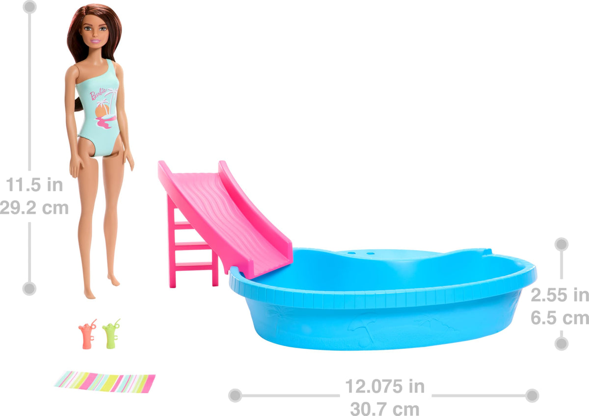Barbie Doll & Pool Playset, Brunette in Seafoam Blue One-Piece Swimsuit with Pool, Slide, Towel & Drink Accessories