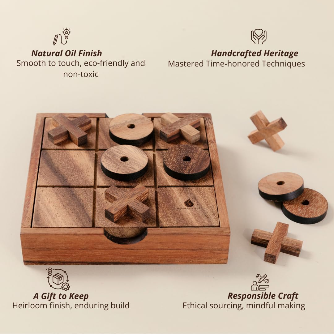 Wooden Tic Tac Toe (XOXO) Game - Handmade 2-Player Strategy Board Game - Travel Size, Rustic Tabletop Decor - Sustainable Wood Gift for Adults, Kids