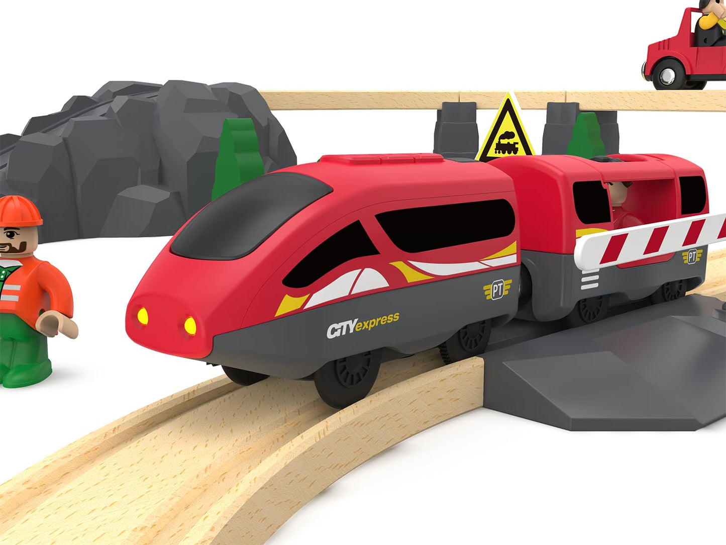 Remote Control Train for Wooden Track - Battery Operated Locomotive with Opening Door, Action Figure, Lights & Sounds, Powerful Engine Compatible