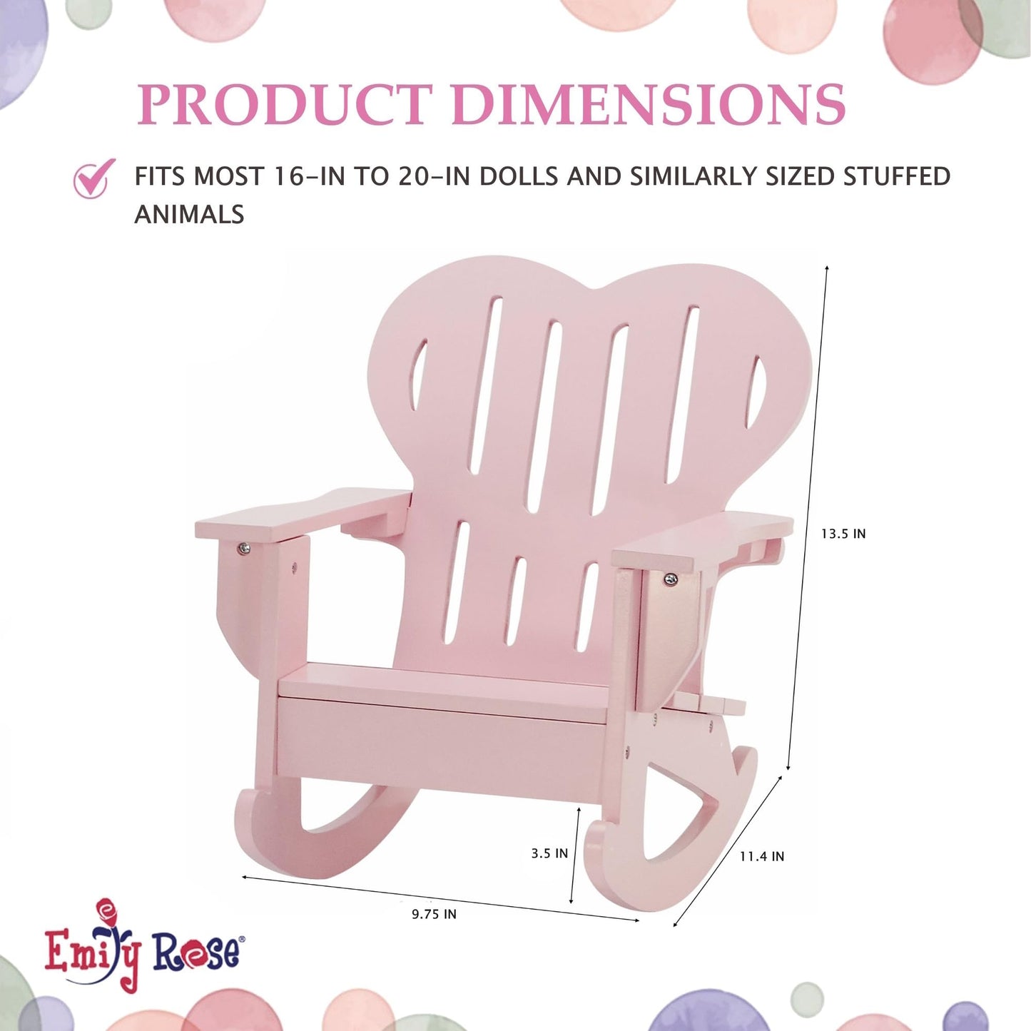 Emily Rose 18" Doll Adirondack Rocking Chair - Pink Wooden Heart-Back Design Furniture with Smooth Rocking Motion - USA Brand - Compatible