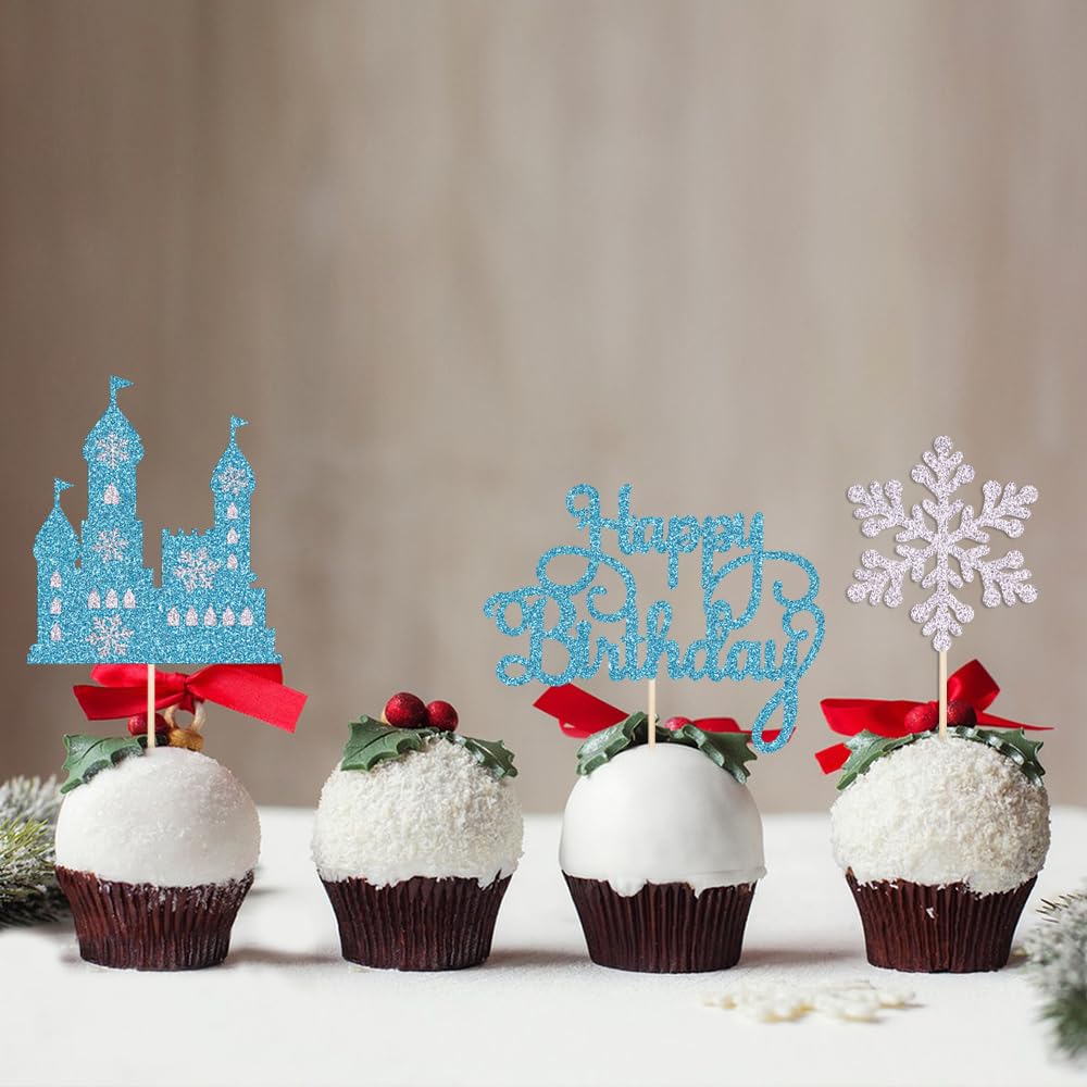 Qertesl Frozen Castle Birthday Cake Topper,3Pcs Winter Wonderland Themed