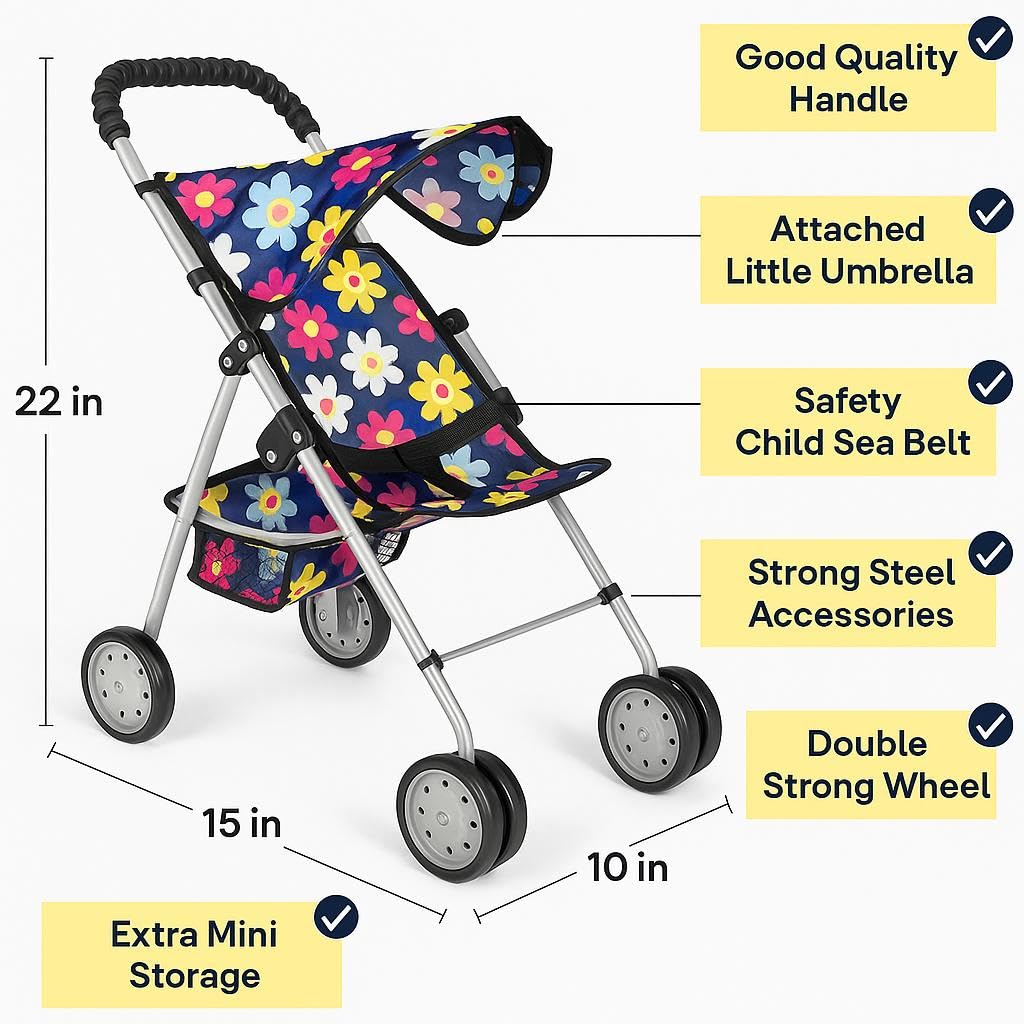 fash n kolor 4 Piece Baby Doll Play Set Flower Design Includes - Foldable Pack N Play, Baby Doll Stroller, Baby Doll High Chair, Infant Seat, Fits Up