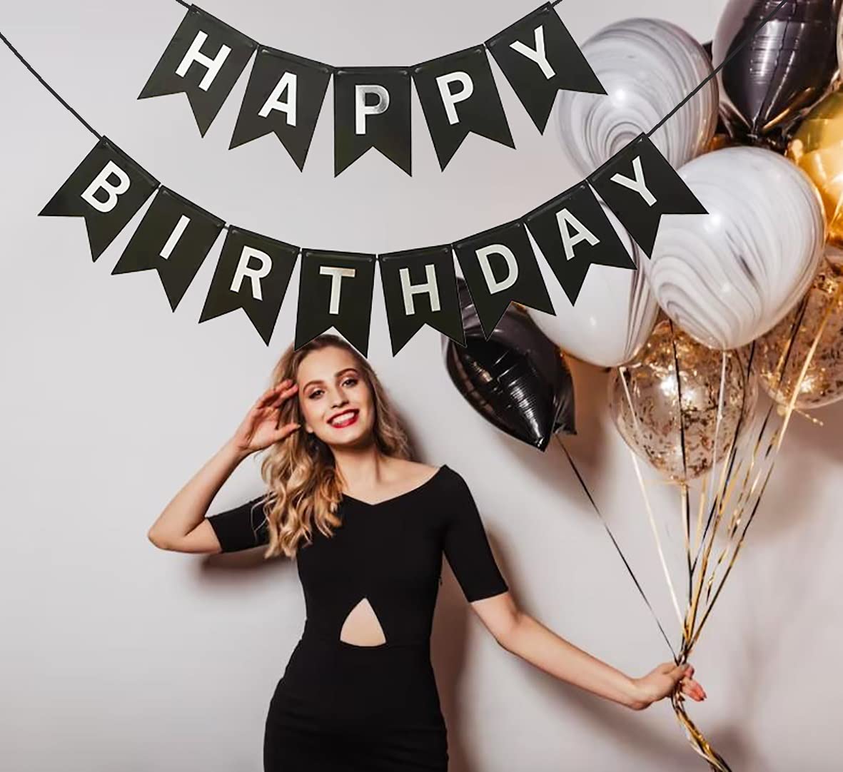 Runhiskii Black Happy Birthday Banner, Durable Happy Birthday Sign Bright Silver Letters for Birthday Party Decorations