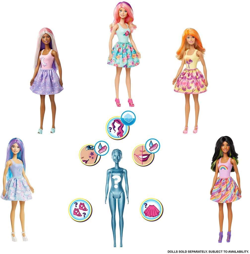 Barbie Color Reveal Doll with 7 Surprises: 4 Mystery Bags Contain Surprise Wig, Skirt, Shoes & Sponge; Water Reveals Metallic Blue Doll’s Look &