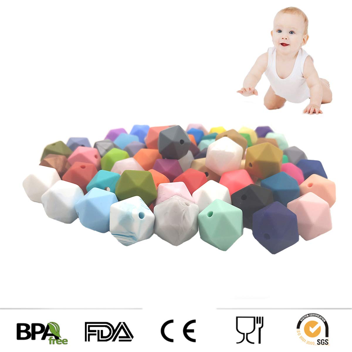Arakierst 30pcs Silicone Polygon Pearl Beads for Pen 17mm Silicone Geometric Icosahedron Bead for Keychain Mom Lanyard Craft Jewelry Making