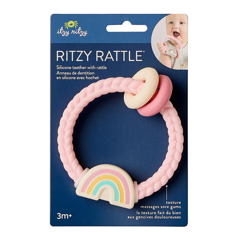 Itzy Ritzy Silicone Teether with Rattle - Rattle Teether Features Rattling Sound, Two Silicone Teething Rings and Raised Texture to Soothe Gums - Ages
