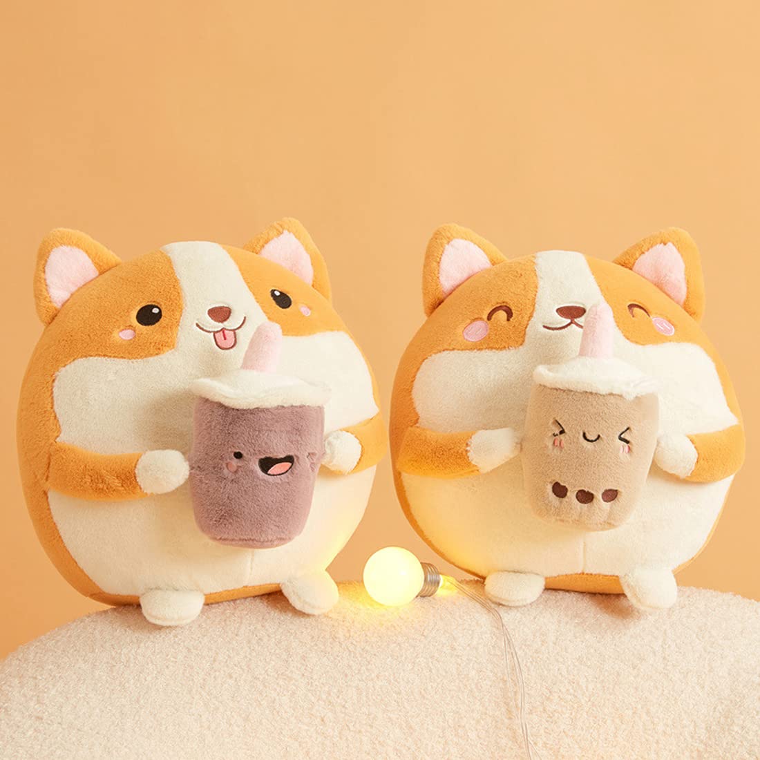 ELAINREN Cuddle Boba Corgi Plush Toy Soft Stuffed Corgi Dog with Cup of Milk Tea FurryBoba Tea Akita Puppy Plushie Doll/11.8''