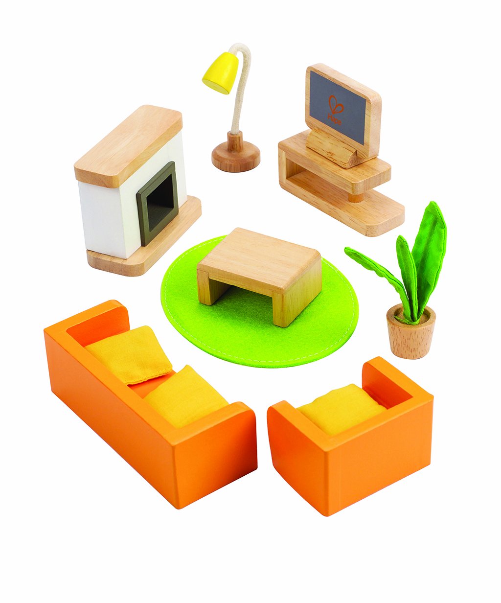 Hape Wooden Doll House Furniture Media Room Set| Pretend Playset for Kid’s Wooden Dollhouse