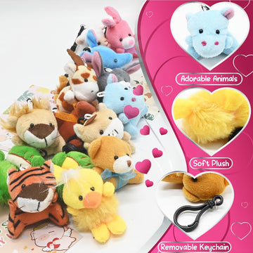 24PCS Valentines Day Cards with Small Stuffed Animals Plush Toys Set, Little Mini Stuffed Animal Keychain Valentine Exchange Cards for Kids Classroom
