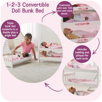 Badger Basket 1-2-3 Convertible Doll Bunk Bed - Pink Stripe Design with Bedding and Personalization Kit - Doll Crib Furniture for 18 to 20 Inch Baby