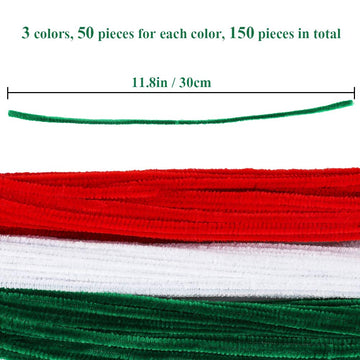 150 Pieces Christmas Pipe Cleaners Chenille Stem,50 White Craft Pipe Cleaners,50 Green Chenille Stems Pipe Cleaners, and 50 Red Pipe Cleaners for Arts