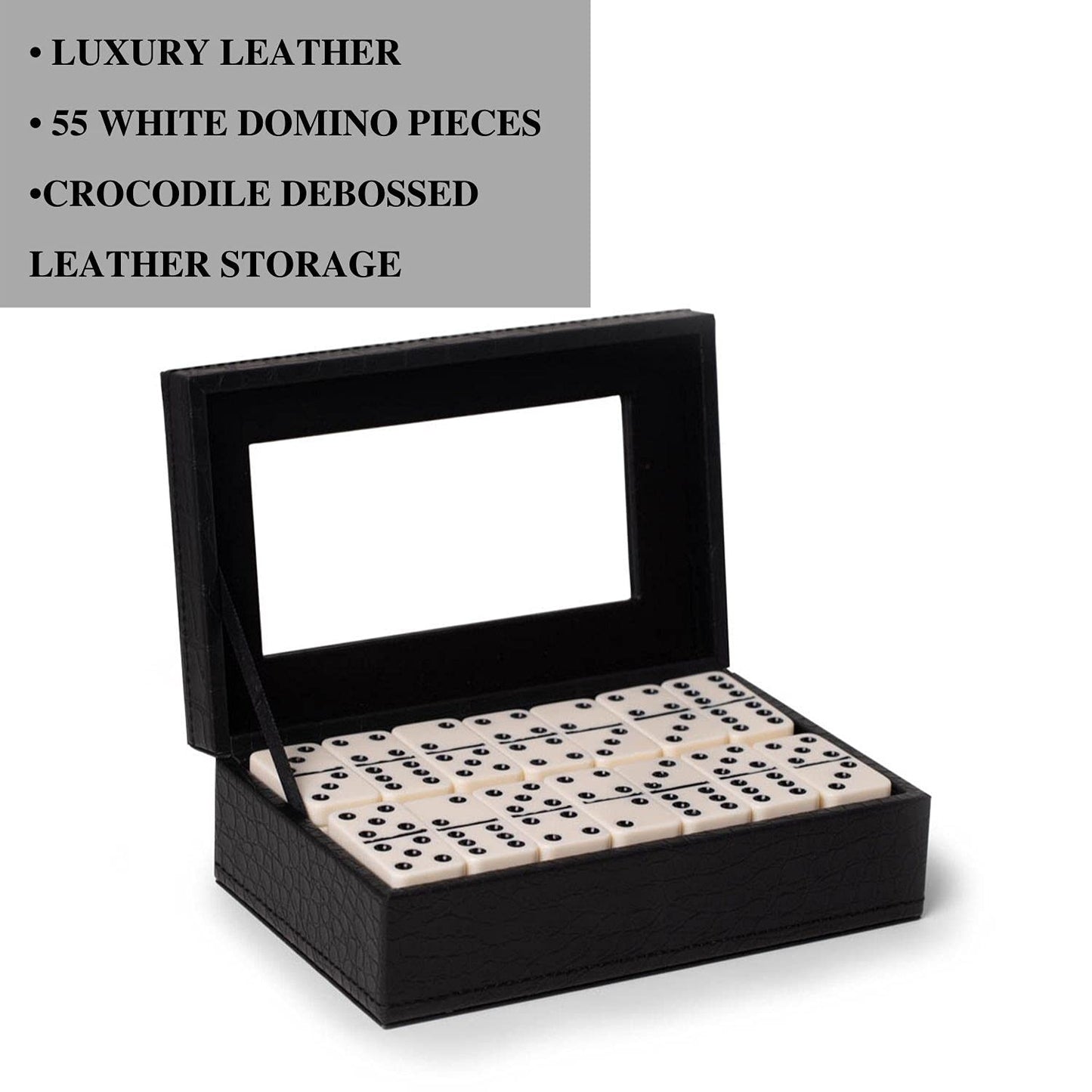 Bey-Berk Jaden Crocodile-Embossed Leather Domino Set, Double-6 55-Piece Tiles in Black Display Case, Coffee Table Game Set