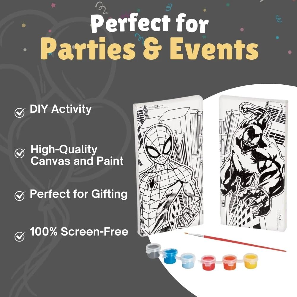 Spider-Man Color Your Own Canvas Kit - 8"x4" Canvases with 1 Paint Brush & 6 Vibrant Paints - The Perfect Creative Gift for Kids and Marvel Fans Alike