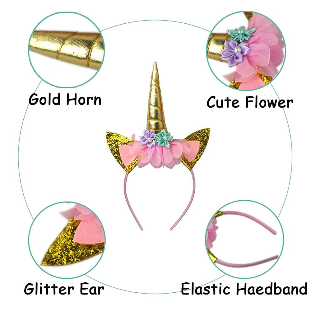 Risshine 2Pcs Unicorn Horn Headbands Flowers Cat Ear HeadBands for Birthday Party, Christmas,Halloween,Photo Props, Unicorn Themed Party Decoration