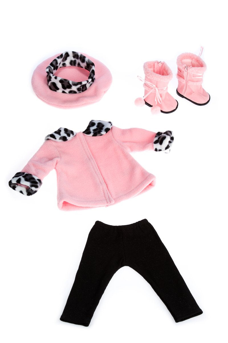Elegance - 4 Piece 18 inch Doll Outfit - Pink Fleece Coat, Matching Hat, Brown Pants and Sherpa Boots - (Doll Not Included)