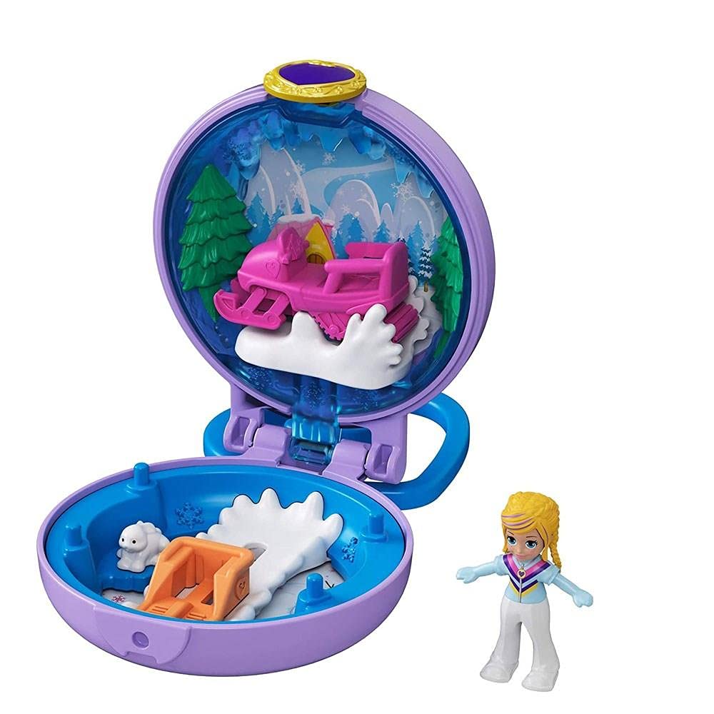 Polly Pocket Polly Snow Cabin Compact with Removable Snowmobile, Bunny Figure, Photo Customization, Micro Polly Doll & Sticker Sheet; for Ages 4 Years