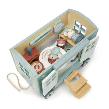 Tender Leaf Toys - Secret Meadow Shepherd’s Hut - Portable Furnished Wooden Shepherd’s Hut on Wheels with 11 Pcs Accessories and 3 Mice Dolls