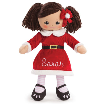 Personalized Planet Rag Doll with Custom Name Embroidered | Hispanic Girl Dressed in Santa Skirt with Stripped Stockings | Brown Hair with Removable