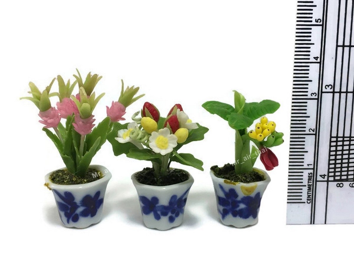 3pc Flower Clay Miniature Dollhouse Fairy Garden Mini Plant Trees Ceramic Paint Furniture Bundles Artificial Flowers Orchid #061