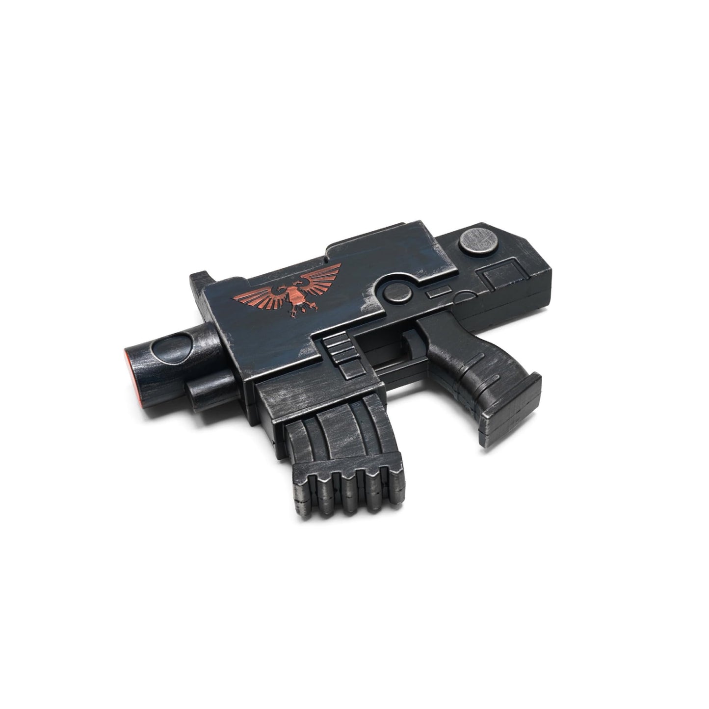 Sci-Fi Inspired Foam Blaster Prop, 11.75” Futuristic Display & Costume Accessory with Copper Emblem, Black/Dark Blue Finish