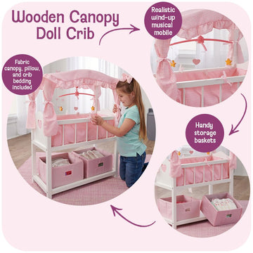 Badger Basket Doll Crib with Bedding, Storage Baskets, Mobile & Personalization Kit - Ideal Nursery Set for Dolls Up to 22 Inches, Best for Doll