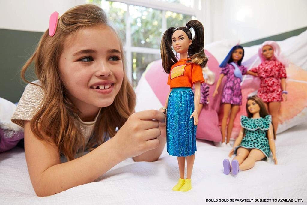 Barbie Fashionistas Doll #145 with Long Brunette Pigtails Wearing Orange T-Shirt, Shimmery Blue Skirt, Yellow Kicks & Bracelet, Toy for Kids 3 to 8