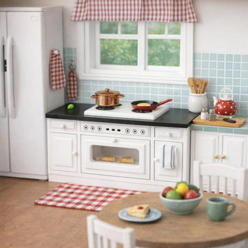 Wooden Dollhouse Kitchen Stove, Mini White Oven with Burners and Range, 1:12 Scale Cabinet Furniture for 6 Inch Dolls, White Farmhouse