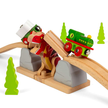 Bigjigs Rail T-Rex Bursting Bridge | Kids Dinosaur Themed Wooden Train Track Accessories | Lifting Bridges with Toy Dinosaurs | Montessori Educational