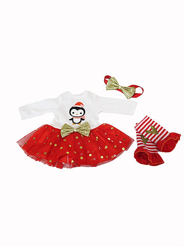 Red & Gold Penguin Long Sleeved Dress Outfit with Bow Headband for 18-Inch Dolls | Premium Quality & Trendy Design | Dolls Clothes