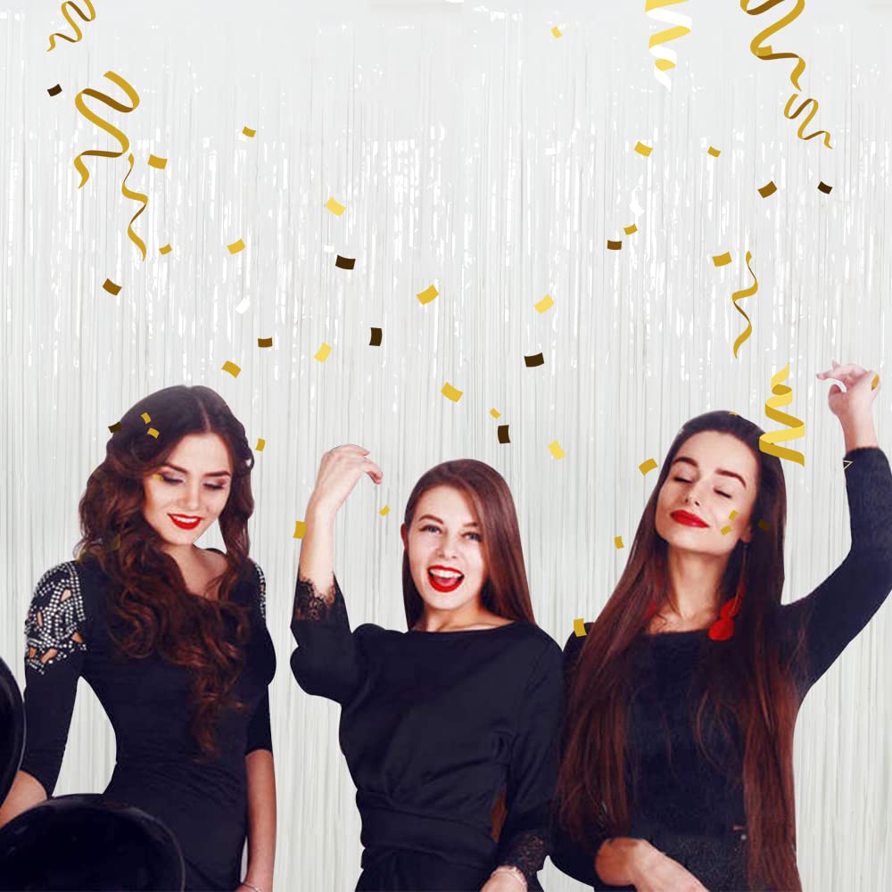 3Pcs White Metallic Tinsel Foil Fringe Curtains, 3.28ft x 6.56ft White Photo Booth Backdrop Streamer Curtain,Photo Booth Props, Bachelorette Party