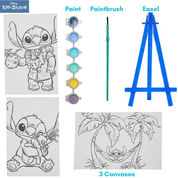 Innovative Designs Disney Lilo and Stitch Canvas Paint Set for Kids with 3 Canvases, Acrylic Paint, Paintbrush, & Easel