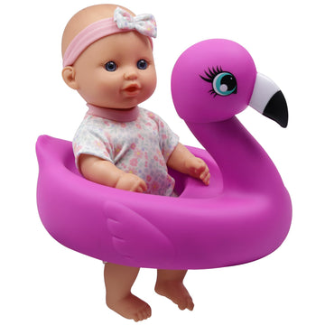 Dream Collection: 10" Bath Time Baby Doll & Flamingo Floatie Set - Onesie Outfit & Headband, Swaddle Blanket Towel, Hard Body, Water Play Toy, Kids 2+