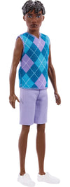 Barbie Fashionistas Style Ken Doll #253 with Brown Hair, Wearing Lavendar Shorts with Turquoise and Lavender Argyle Shirt, White Shoes