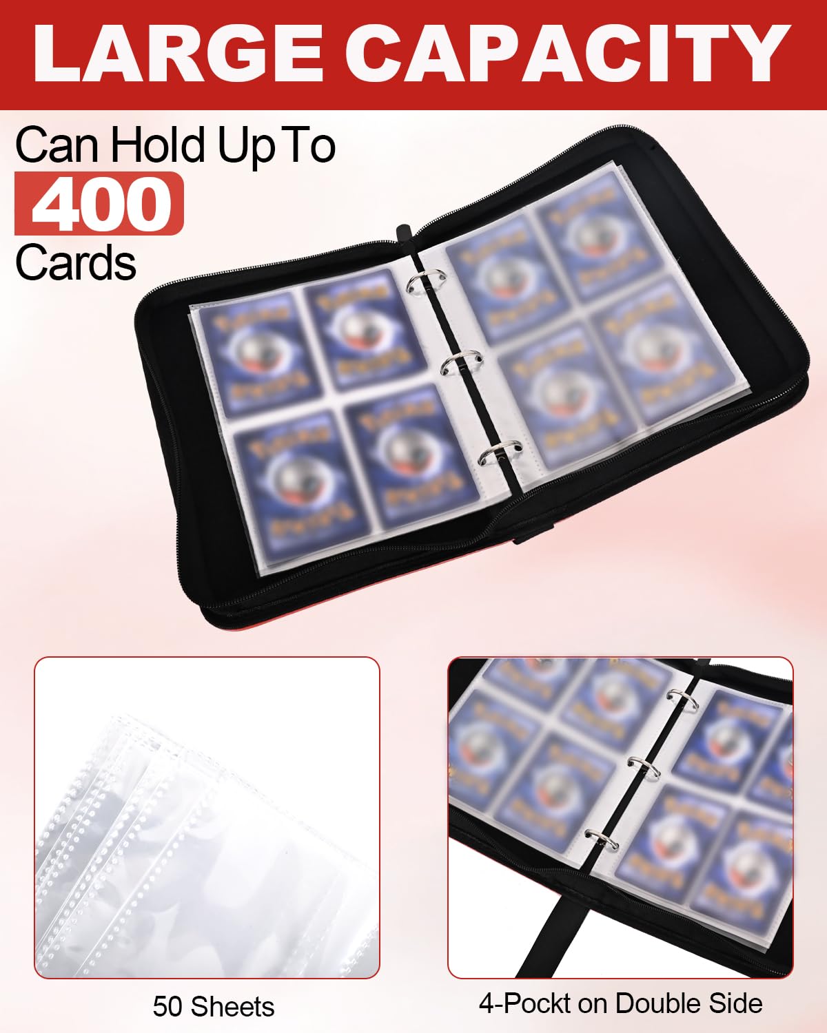 4 Pocket Trading Card Binder, Waterproof Cards Collection Binder with 50 Removable Sheets for 400 Cards Storage, Card Holder Book for TCG,MTG(Red)