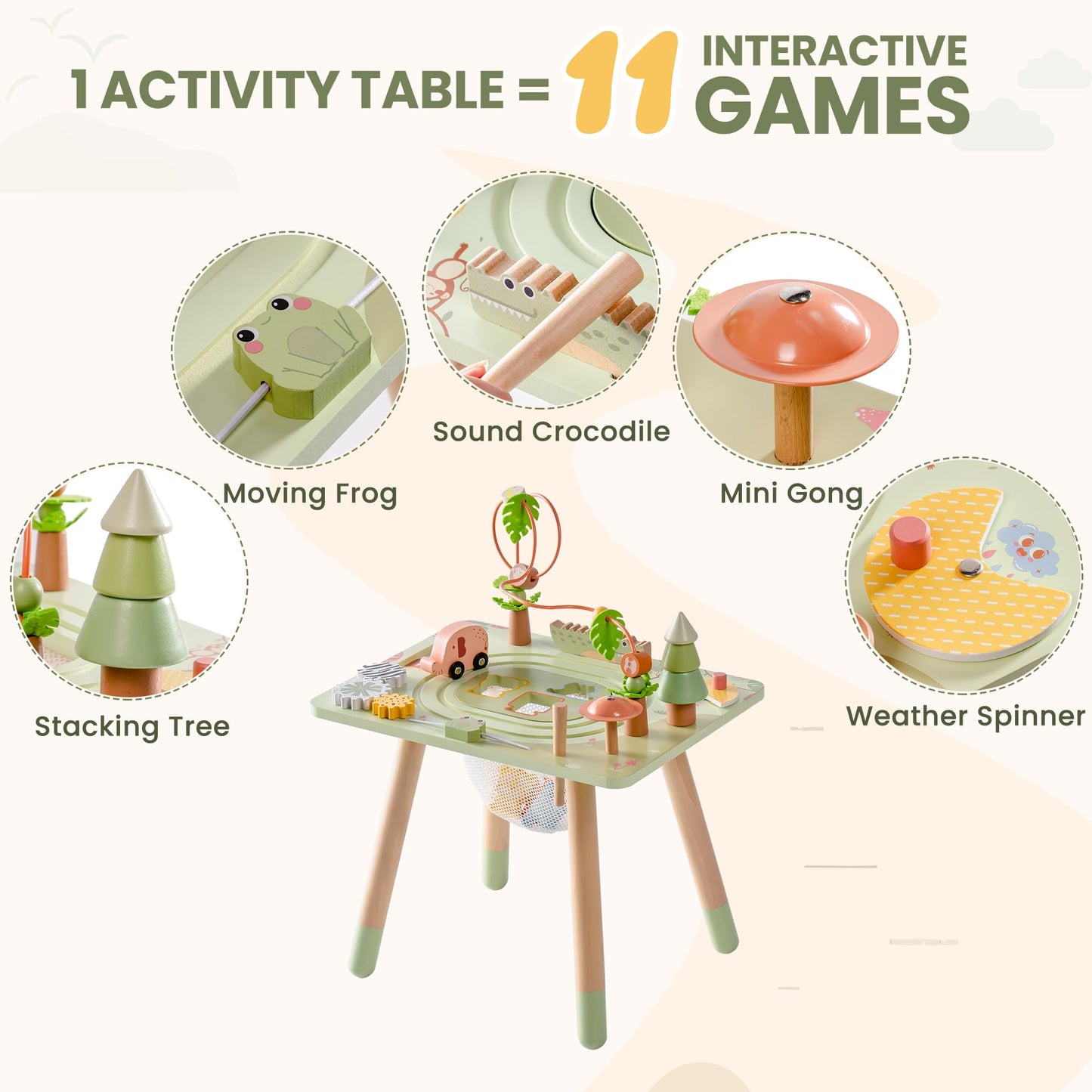 ROBUD Activity Table, 11-in-1 Montessori Learning Table with Bead Maze, Gears, Track, Shape Matching, Storage & More, Wooden Montessori Toys