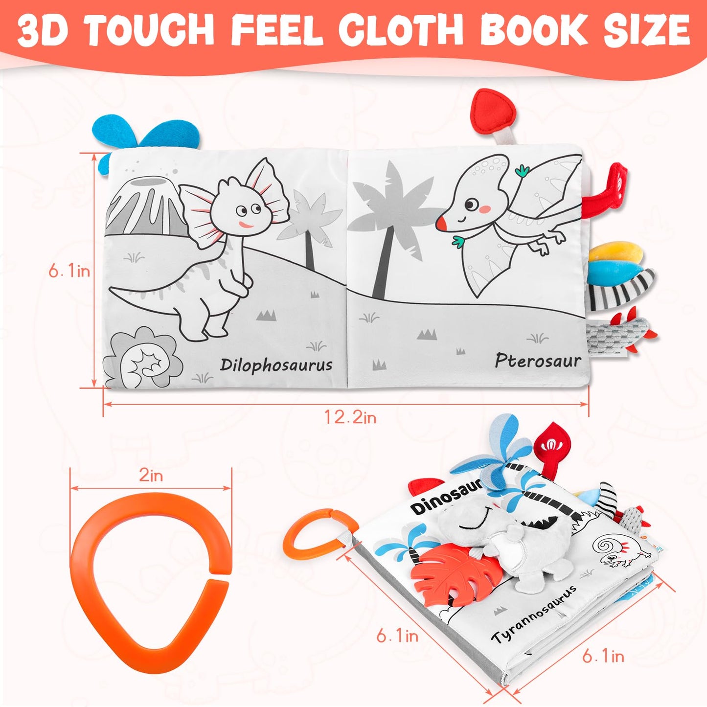 Odeepstar Dinosaur Fabric Book- Crinkle Sound, Touch & Feel, Press Squeaker with Soft Tail Plus Teether Feature - Baby Books Toys for Newborn Infants