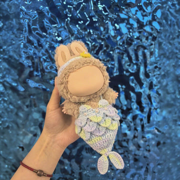 TuffSupplies Doll Clothes for Labubu - Blue Mermaid, 2pcs Handcrafted Crochet Outfit with Headband & Dress, Adorable Designer Swimsuit for 17cm Dolly