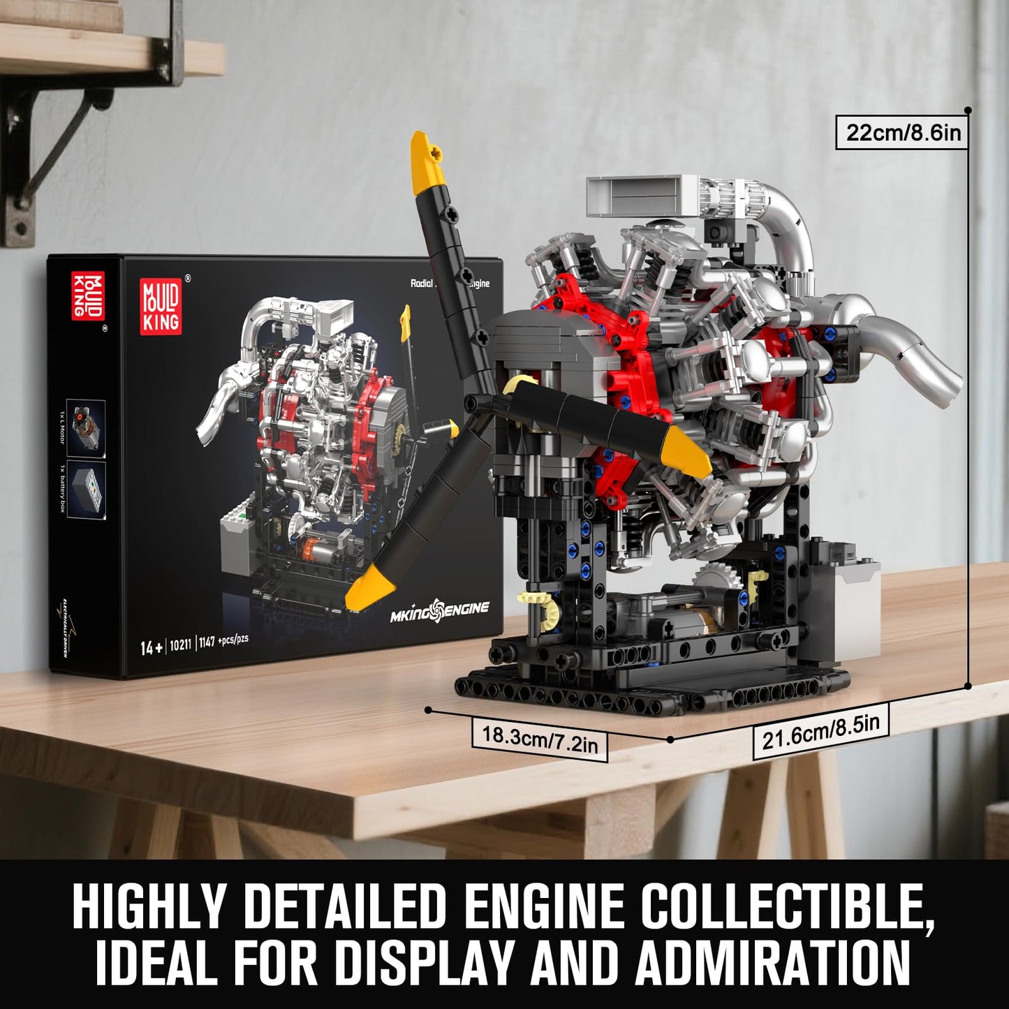 Mould King 10211 Aircraft Engine Model that Works, 1147PCS Transmission Engine Battery/Motor Building Sets, STEM Toy Gift for 14+ Teens & Adults, V8
