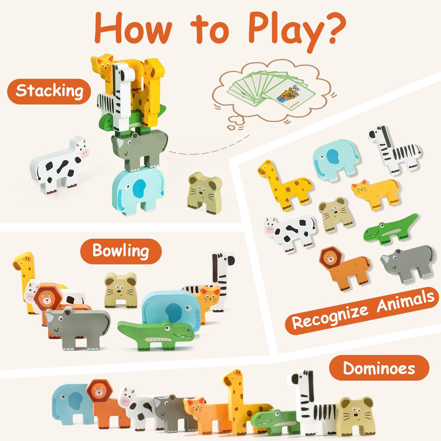 JugueteLand Wooden Animal Stacking Puzzle Toy, Educational Balancing Activity Toy for Kids, Wooden Zoo Animal Building Blocks Stacker & Bag, Stacking