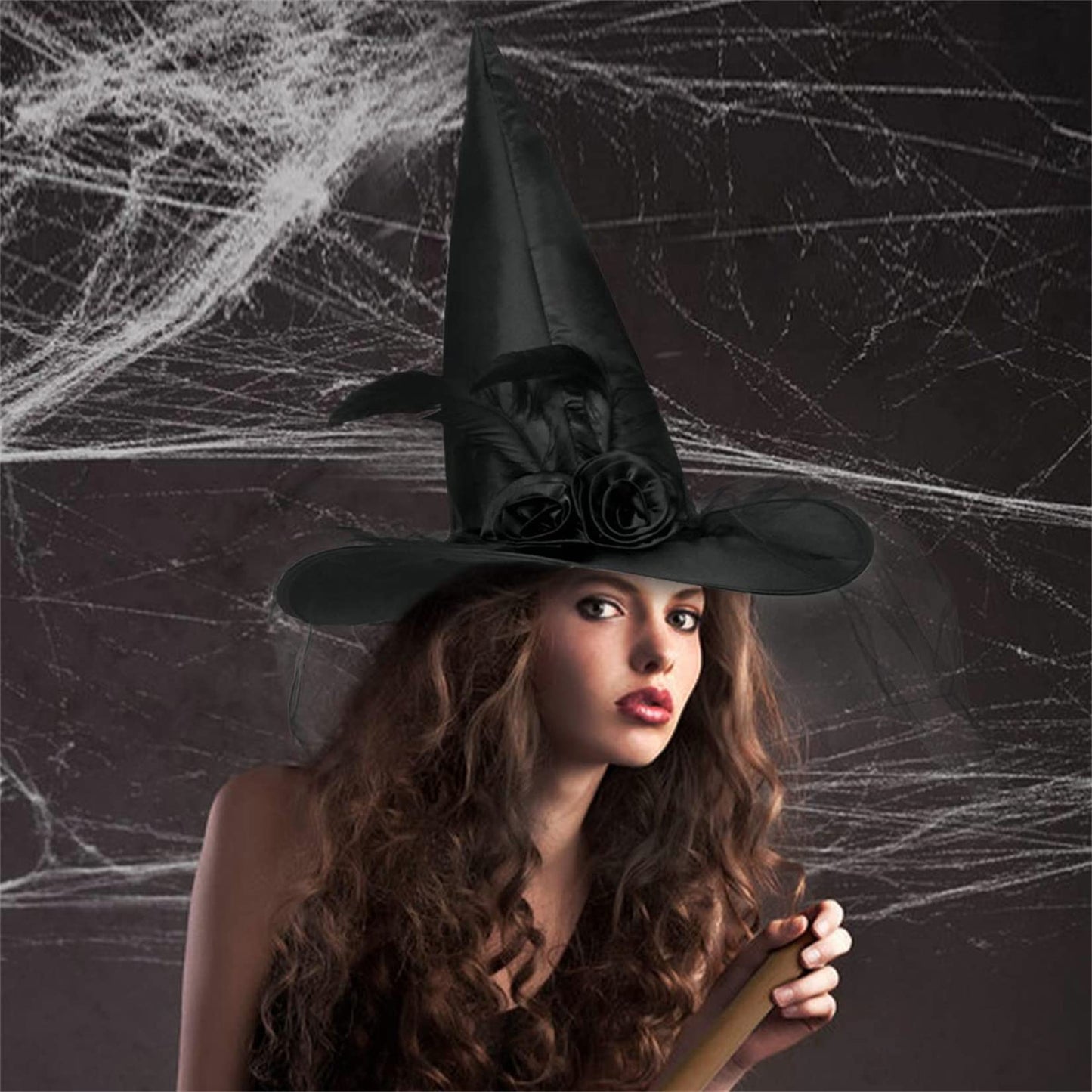 JUSTOTRY Witch Hat for Costume Party & Halloween - Women's & Girls' Black Witch Costume Hat with Roses, Feathers & Iron-on Design, Size 1PBL(Black