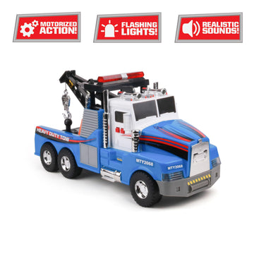 Mighty Fleet Mighty Motorized Tow Truck Toy - 15" Vehicle with Lights, Sounds, Working Winch & Traffic Cones - Batteries Included - Ages 3+