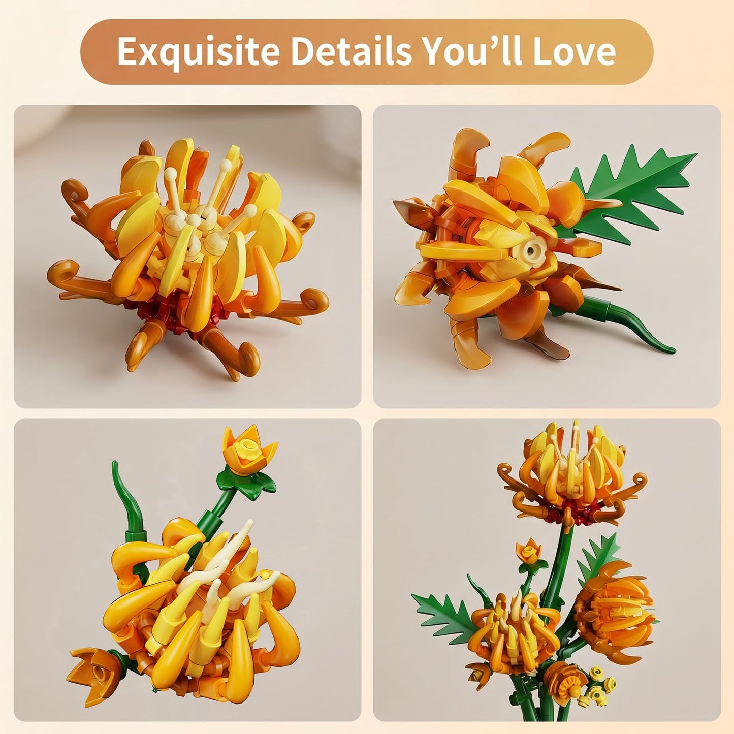JYLWSMHMU Chrysanthemum Conch Building Blocks Set Artificial Flower Botanical Display Kit Creative DIY Desk Decor Unique Gift for Adults Women Home