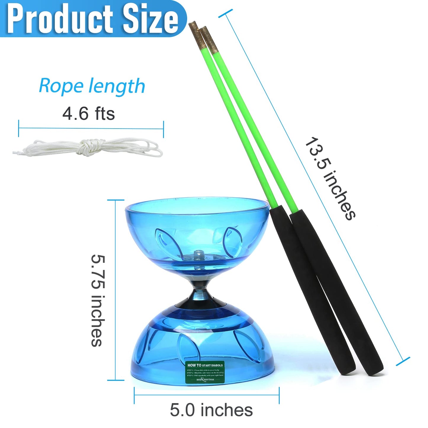 BodyRhythm Five Bearings Chinese Diabolo Yoyo Set with Fiberglass Sticks, Adjustable Strings for All Ages - Best for Fitness and Tricks (Blue)