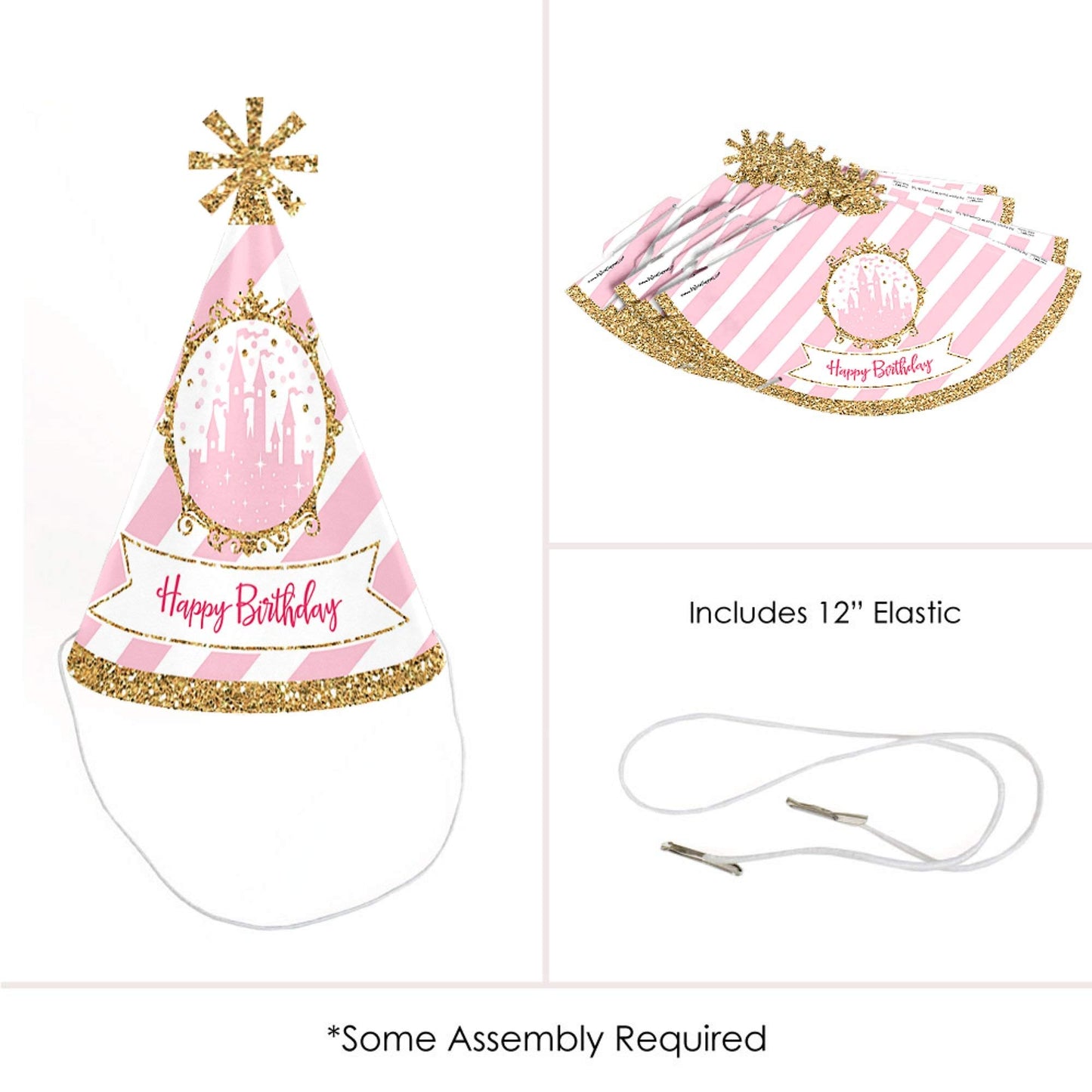 Big Dot of Happiness Little Princess Crown - Cone Pink And Gold Princess Happy Birthday Party Hats For Kids And Adults - Set Of 8 (Standard Size)